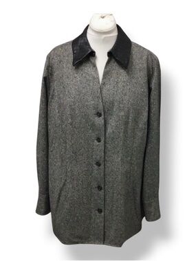 Nordstrom Encore Women’s Button Front Wool Shacket Leather Collar VTG Y2K 2X